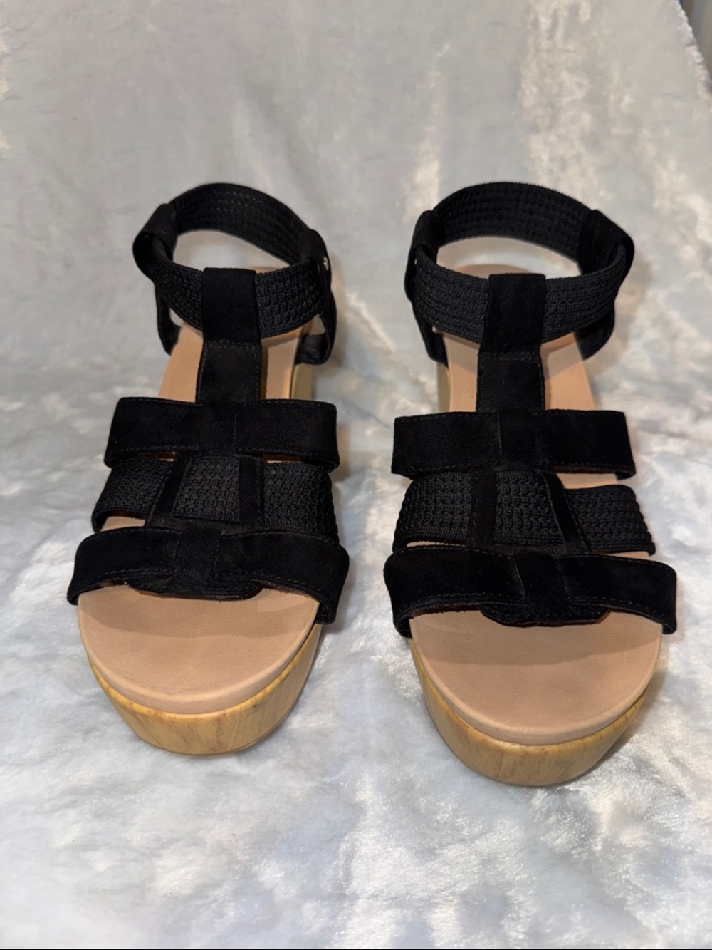Dr. Scholl's Black Strappy Wedge Sandals with Wood-Tone Sole - Picture 3 of 7